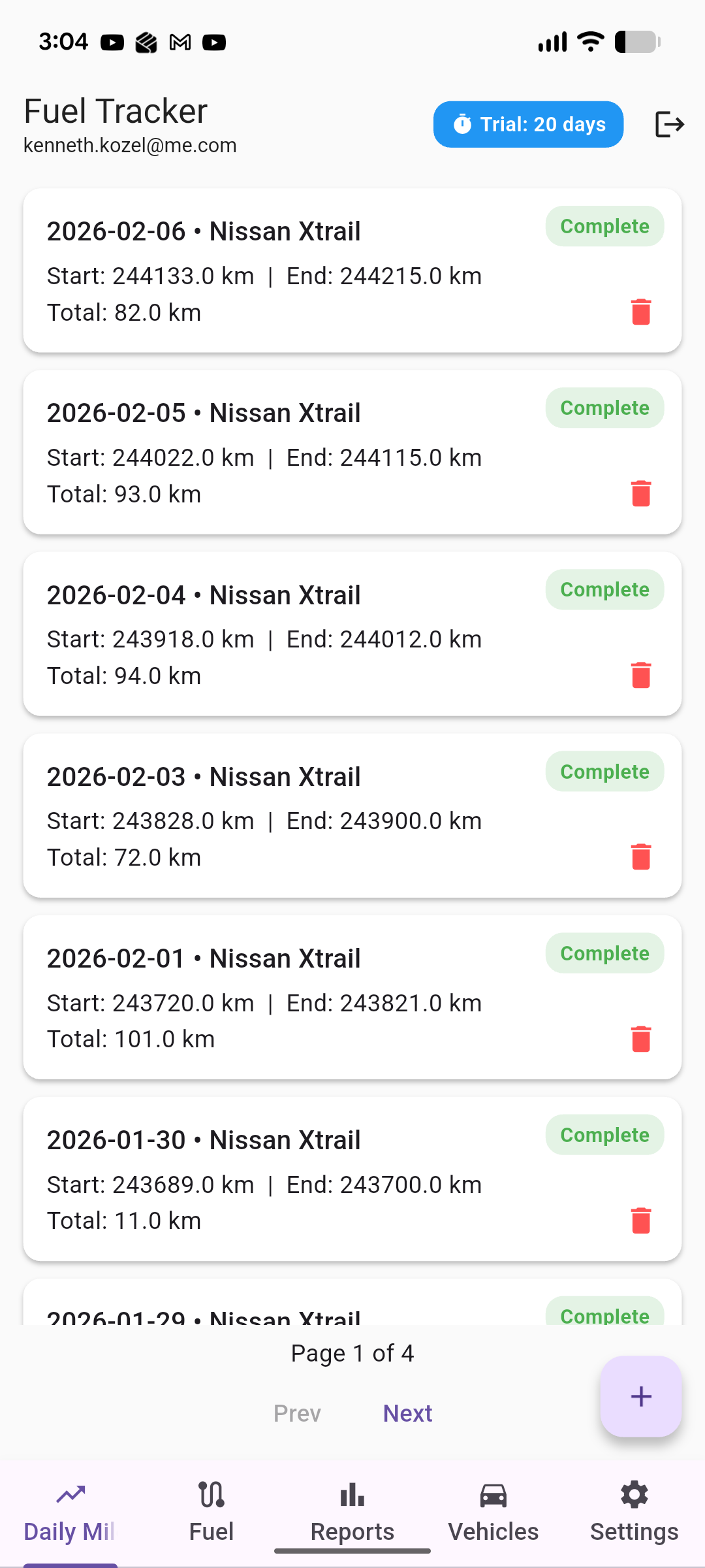 Daily mileage tracking