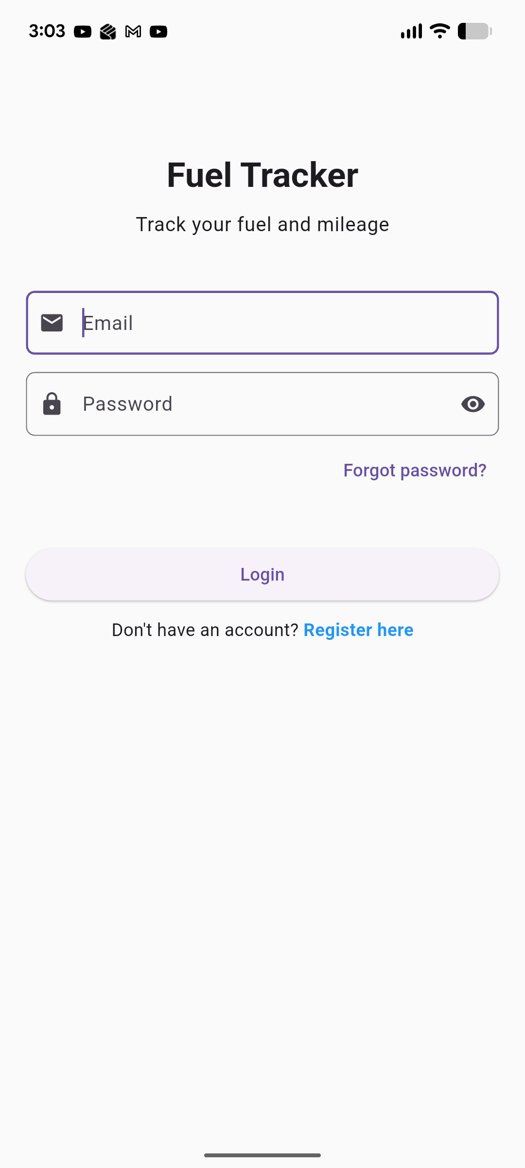 FuelTracker login screen